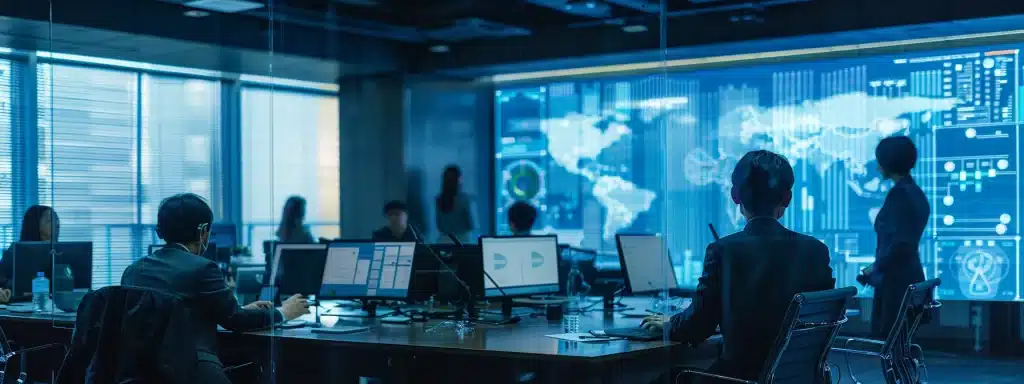 une salle de réunion moderne avec des écrans interactifs, des tableaux blancs numériques et des ordinateurs ultra performants, évoquant une entreprise innovante exploitant pleinement la technologie pour booster ses performances.