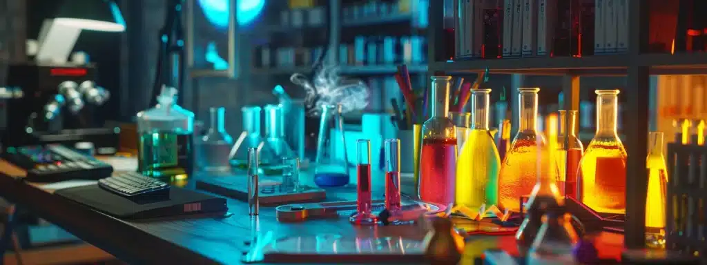 dans un laboratoire virtuel, des tubes à essai colorés et fumants sont soigneusement disposés par un expert en informatique, créant une base de données mysql magique pour wordpress.