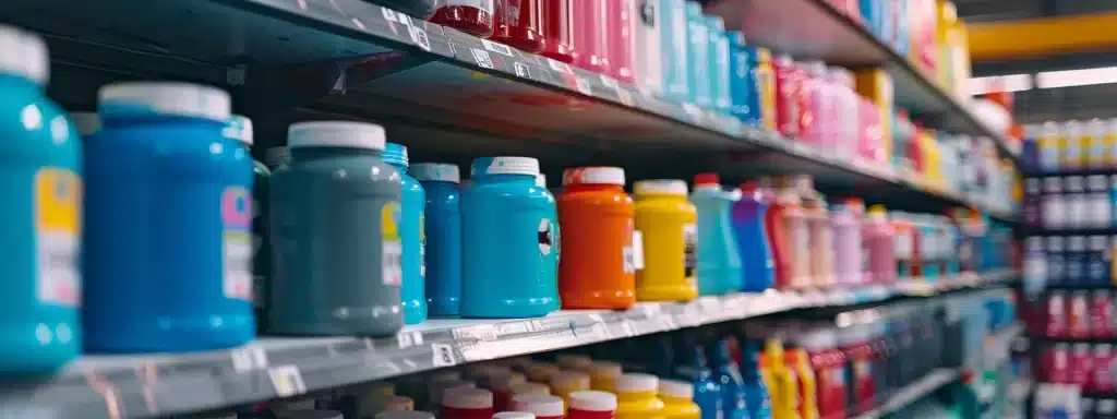 un caméléon changeant de couleur rapidement dans un magasin de peinture, symbolisant l'ajustement continu des actions pour atteindre le succès.