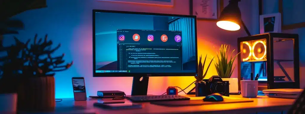 un écran d'ordinateur affichant un site wordpress optimisé, avec des couleurs vives et attrayantes inspirées de la martinique, entouré de symboles de réseaux sociaux et de référencement seo.