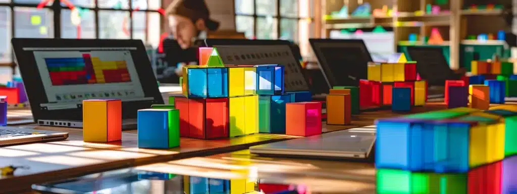 une table bondée d'ordinateurs portables avec des écrans affichant des statistiques et des graphiques colorés, entourée de boîtes de puzzles tetris pour illustrer le choix des plugins wordpress adaptés.