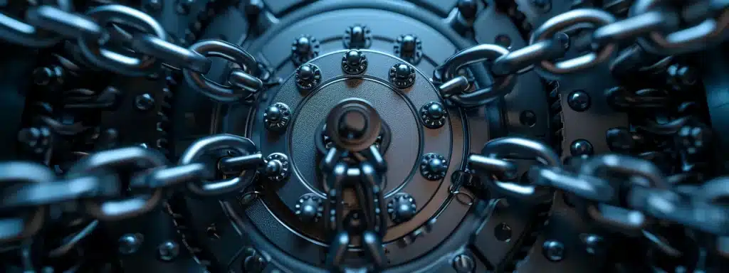 un coffre-fort numérique entouré de chaînes en acier, planifié pour des sauvegardes régulières de votre site wordpress, protégé contre les hackers.