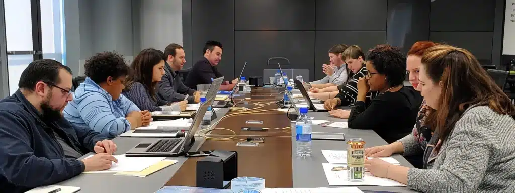 une équipe diversifiée de professionnels concentrés et collaborant de manière fluide autour d'une table, avec des ordinateurs et des documents organisés, illustrant l'optimisation des processus internes pour une meilleure productivité.