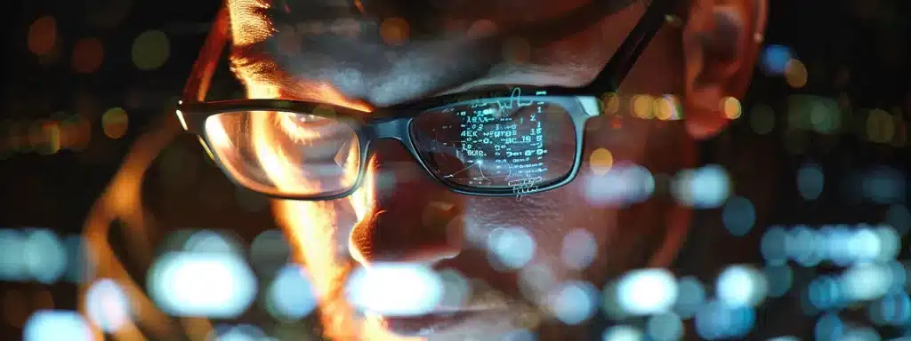 un expert web concentré, plongé dans un univers abstrait de données numériques semées autour de lui.