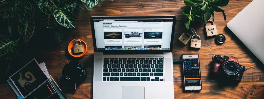 un ordinateur portable ouvert affichant un site wordpress avec des thèmes personnalisés et des extensions impressionnantes, entouré de cadenas symbolisant la sécurité renforcée.