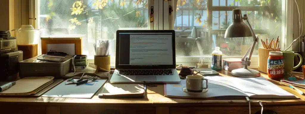 un bureau organisé avec un ordinateur portable ouvert, des notes de préparation pour l'installation de wordpress et un café fumant à côté.