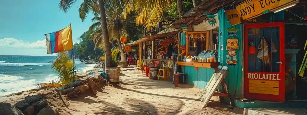 au bord d'une plage ensoleillée, une entreprise touristique florissante avec une boutique colorée et une enseigne accueillante, entourée de palmiers et d'une vue sur l'océan, tout alimenté par wordpress.