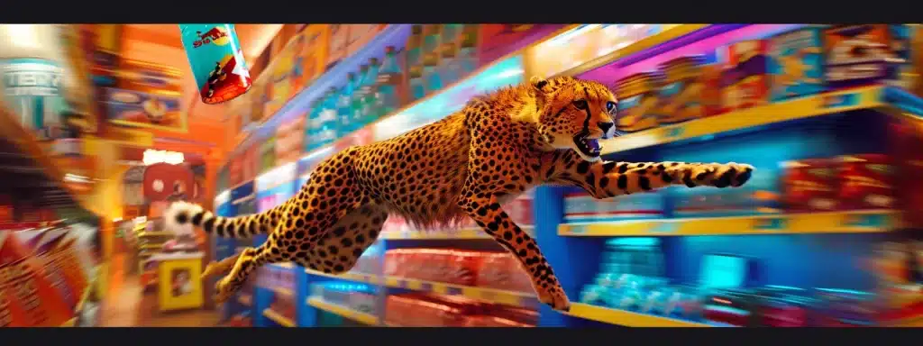 une boutique en ligne vibrante et animée, affichant des produits variés et attrayants, avec des extensions seo magiques planant au-dessus, tandis qu'un guépard survolté sur une bouteille de red bull file à toute vitesse.